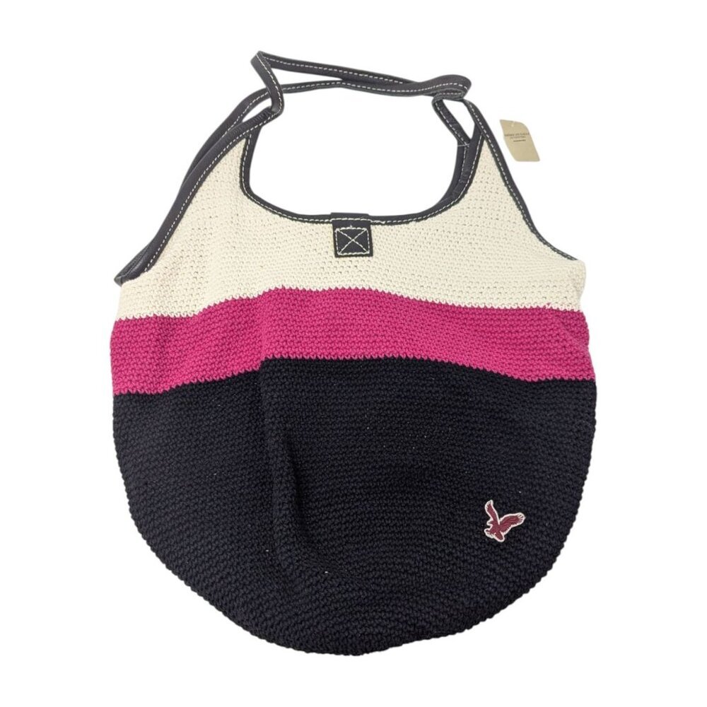 Large American Eagle Navy Blue Pink Crochet Sack Summer Beach Bag Shopper Purse